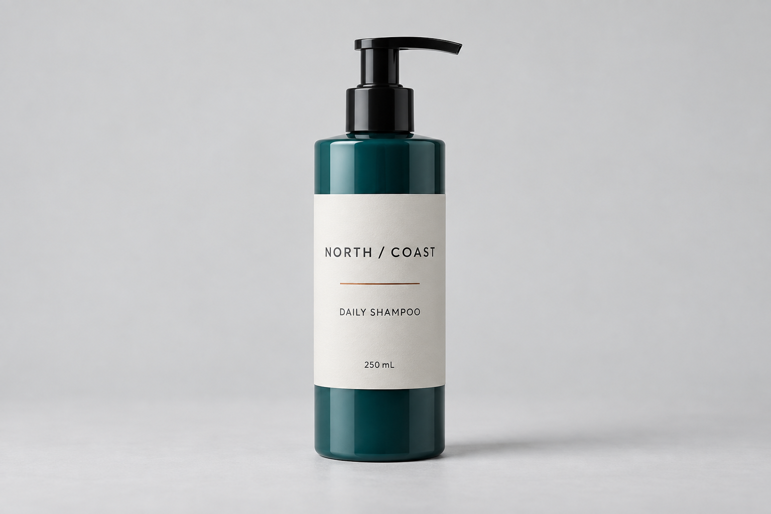 Reference teal shampoo bottle with NORTH / COAST, DAILY SHAMPOO, and 250 mL label