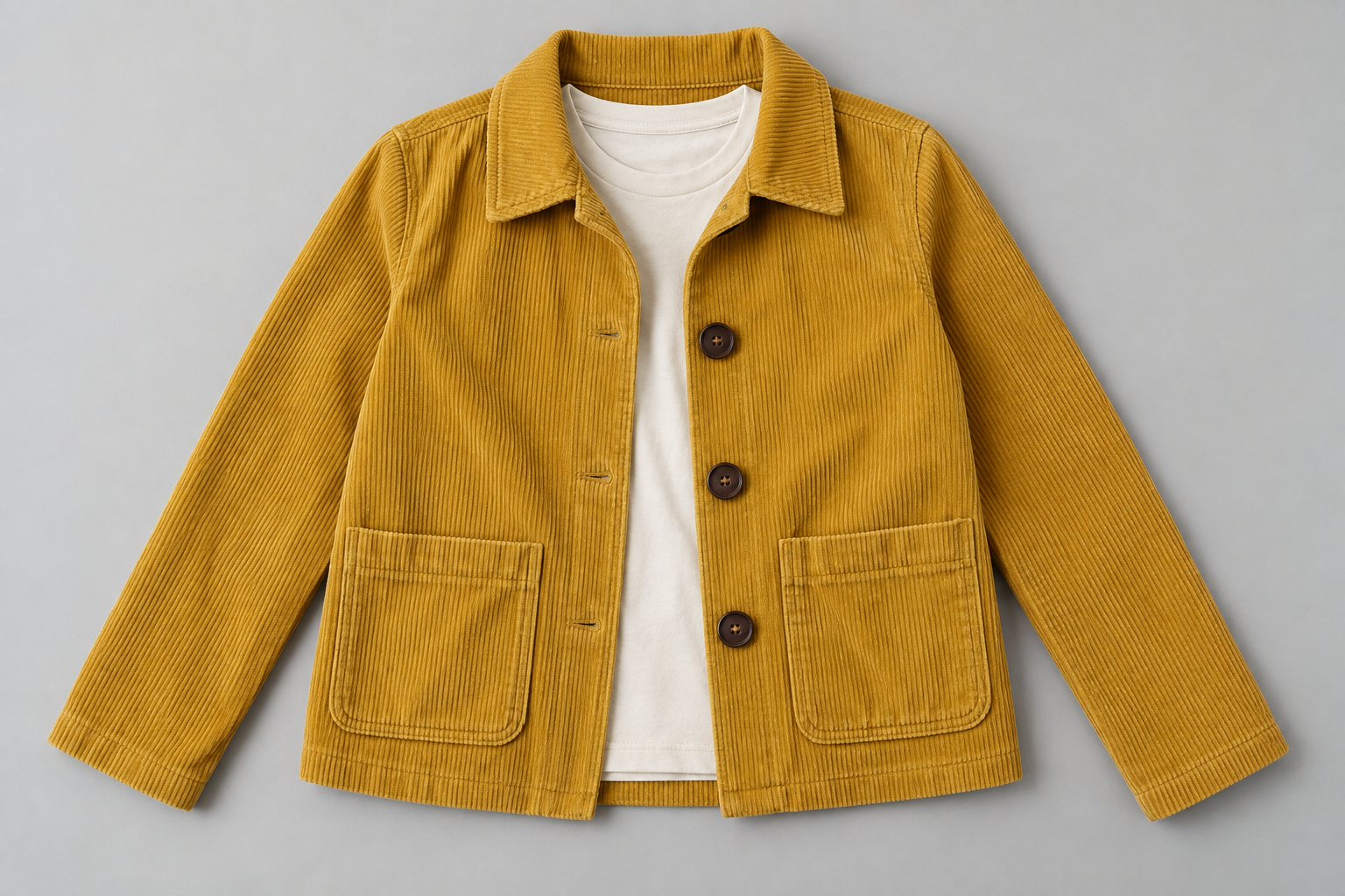 Mustard corduroy jacket and ivory shirt used as the outfit reference