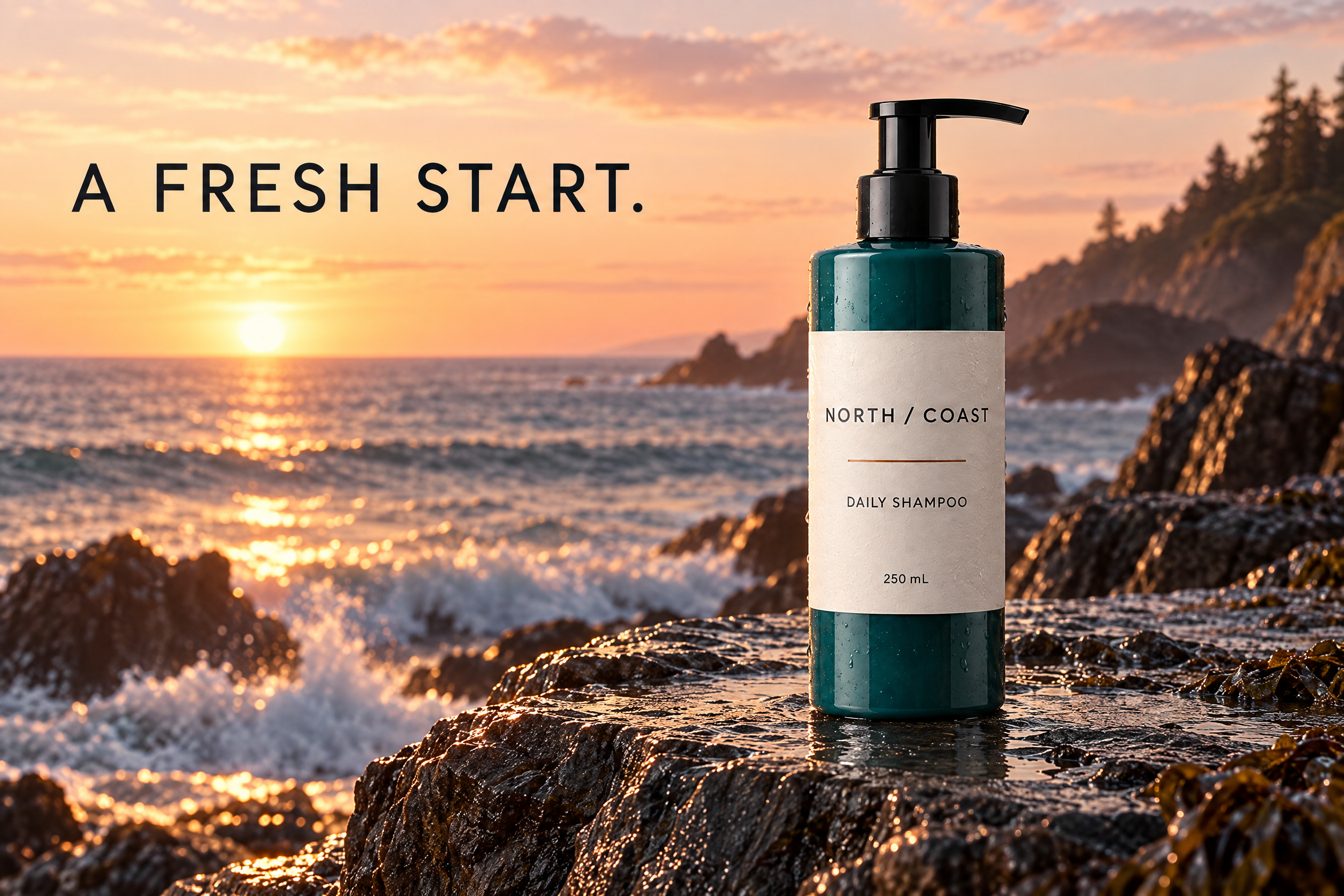 Sunburst product advertisement with a teal shampoo bottle, coastal sunset, and A FRESH START headline